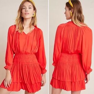 Anthropologie Current Air Poppy Red Smocked Waist Mini Dress Size XSmall